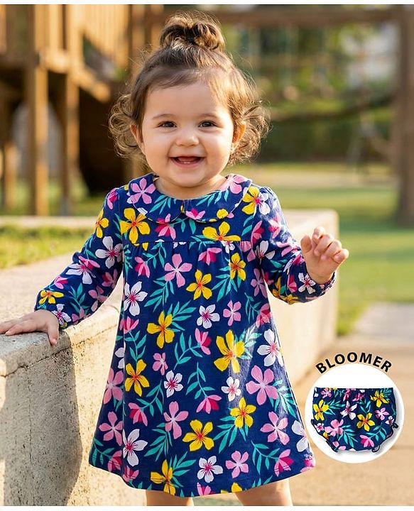 Babyhug Single Jersey Knit Full Sleeves Peter Pan Collar Frock With Floral Print & Bloomer - Navy Blue
