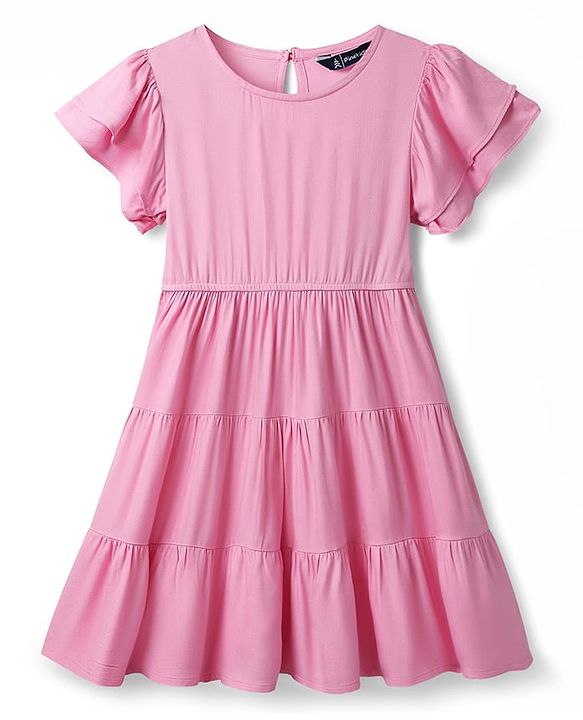 Pine Kids Viscose Woven Flutter Sleeves Solid Color Frock - Pink