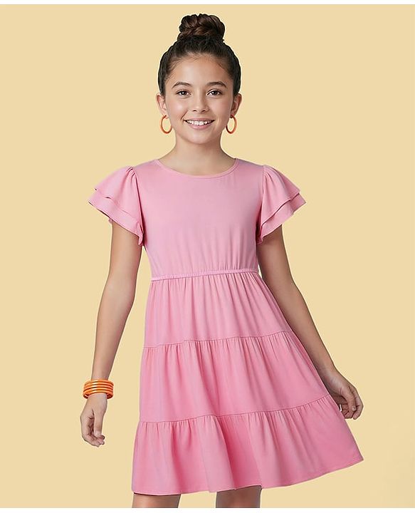 Pine Kids Viscose Woven Flutter Sleeves Solid Color Frock - Pink