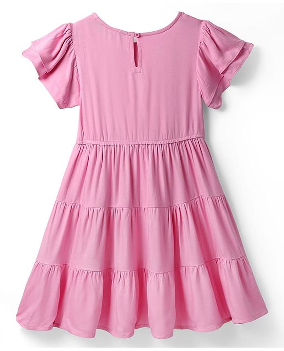 Pine Kids Viscose Woven Flutter Sleeves Solid Color Frock - Pink