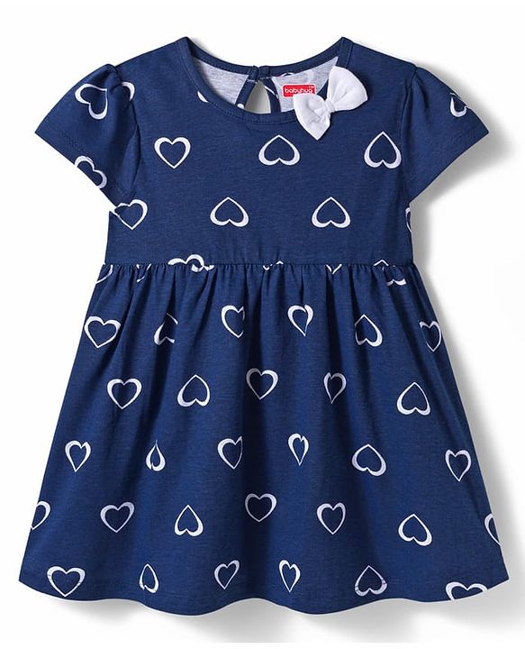 Babyhug Single Jersey Knit Cap Sleeves Frock With Heart Print - Navy Blue