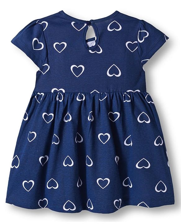 Babyhug Single Jersey Knit Cap Sleeves Frock With Heart Print - Navy Blue