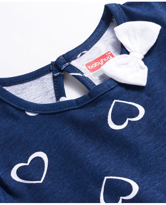 Babyhug Single Jersey Knit Cap Sleeves Frock With Heart Print - Navy Blue