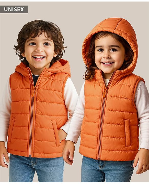 Babyhug Woven Sleeveless Solid Color Padded Hooded Jacket - Olive Green