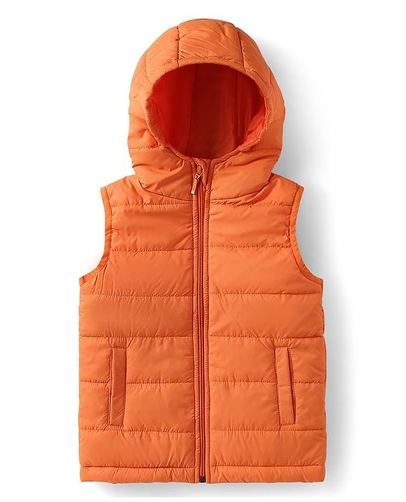 Babyhug Woven Sleeveless Solid Color Padded Hooded Jacket - Olive Green