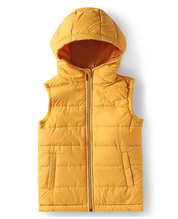 Babyhug Woven Sleeveless Solid Color Padded Hooded Jacket - Olive Green