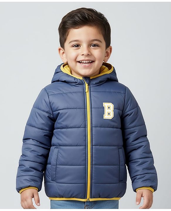 Babyhug Woven Full Sleeves Hooded Padded Jacket With Alphabet Patch - Navy Blue & Mustard