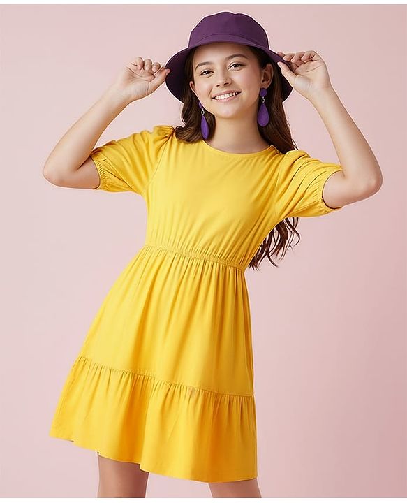 Pine Kids Woven Half Sleeves Solid Color Frock - Yellow