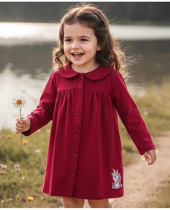 Babyhug Single Jersey Knit Full Sleeves Unicorn Printed Frock With Peter Pan Collar - Red