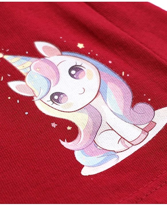 Babyhug Single Jersey Knit Full Sleeves Unicorn Printed Frock With Peter Pan Collar - Red