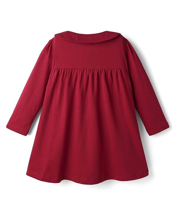Babyhug Single Jersey Knit Full Sleeves Unicorn Printed Frock With Peter Pan Collar - Red