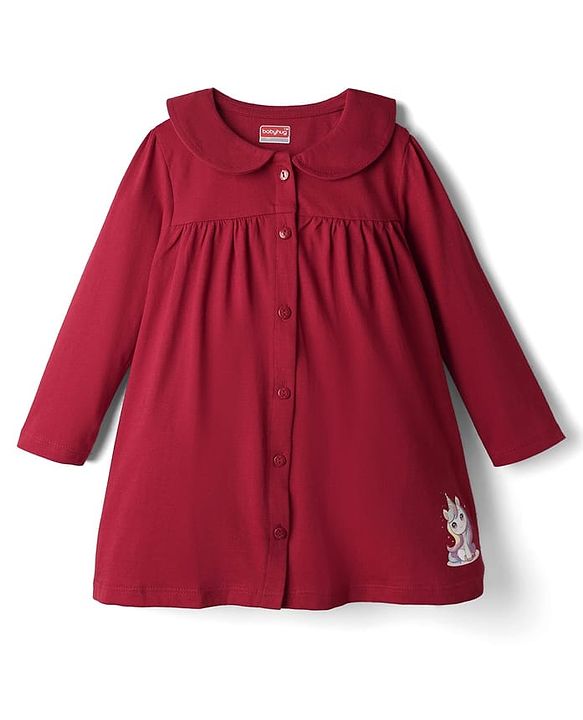 Babyhug Single Jersey Knit Full Sleeves Unicorn Printed Frock With Peter Pan Collar - Red