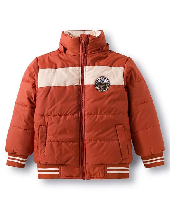 Babyhug Woven Full Sleeves Hooded Padded Jacket with Patch Detailing - Brown