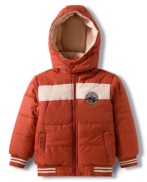 Babyhug Woven Full Sleeves Hooded Padded Jacket with Patch Detailing - Brown