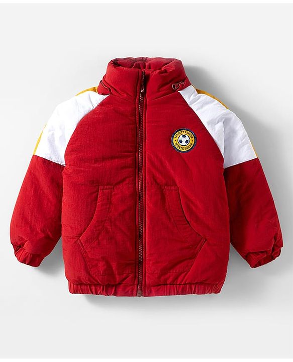 Babyhug Woven Full Sleeves Padded Jacket With Detachable Hood Kangaroo Pocket & Cut & Sew - Rust Orange