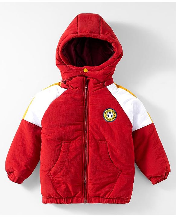 Babyhug Woven Full Sleeves Padded Jacket With Detachable Hood Kangaroo Pocket & Cut & Sew - Rust Orange