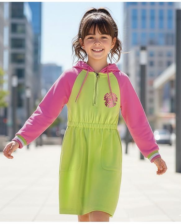 Pine Kids 100% Cotton Full Raglan Sleeves Hooded Sweatshirt Dress- Lime Green & Pink