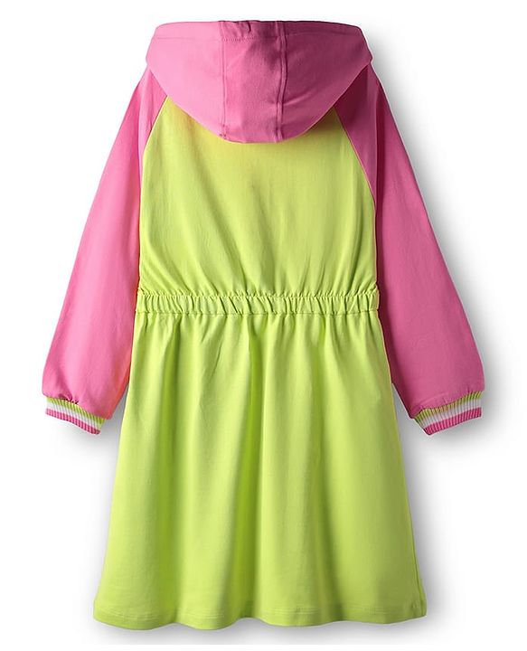 Pine Kids 100% Cotton Full Raglan Sleeves Hooded Sweatshirt Dress- Lime Green & Pink