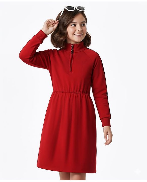 Pine Kids Cotton Knit Full Raglan Sleeves Solid Colour Winter Dress - Maroon