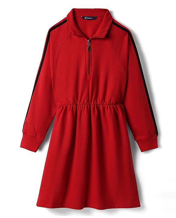 Pine Kids Cotton Knit Full Raglan Sleeves Solid Colour Winter Dress - Maroon