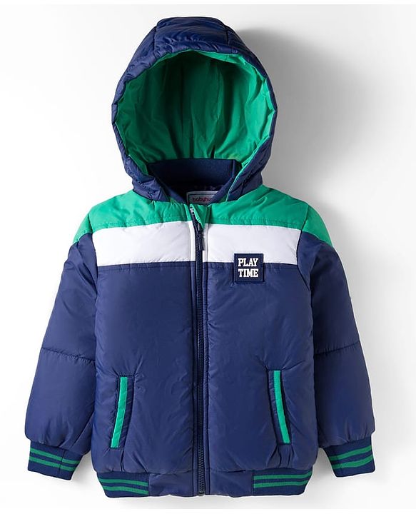 Babyhug Woven Full Sleeves Padded Hooded Jacket With Patch Detailing - Navy Blue