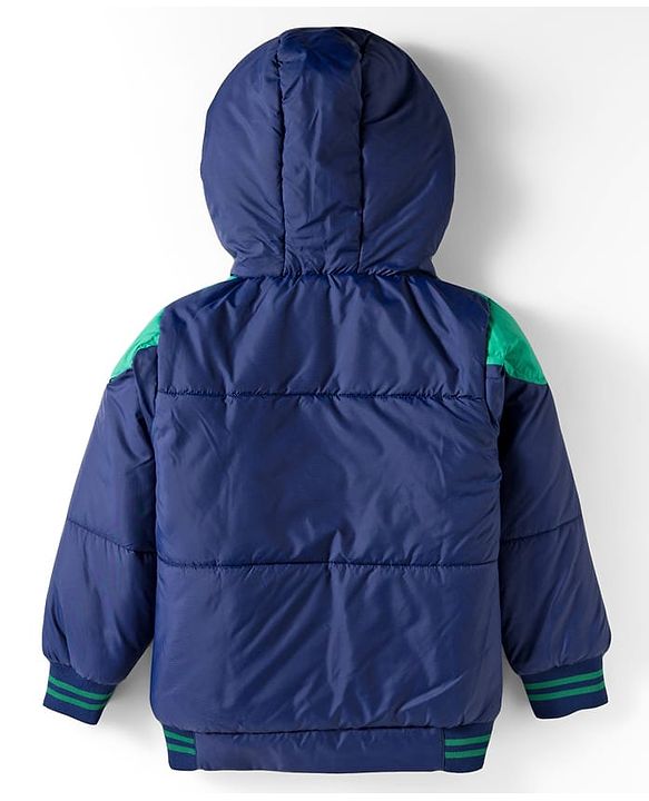 Babyhug Woven Full Sleeves Padded Hooded Jacket With Patch Detailing - Navy Blue