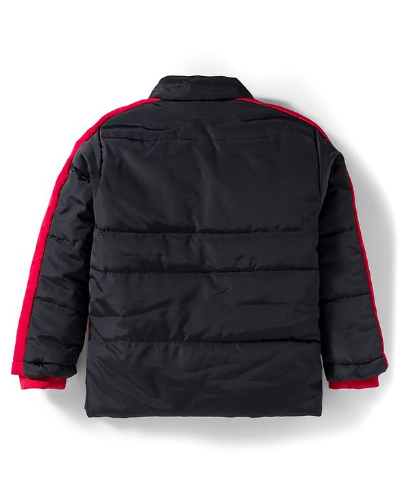 Babyhug Woven Full Sleeves Hooded Padded Jacket With Text Print & Detachable Hood - Red & Navy Blue