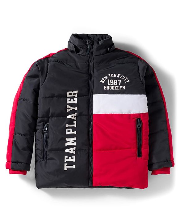 Babyhug Woven Full Sleeves Hooded Padded Jacket With Text Print & Detachable Hood - Red & Navy Blue
