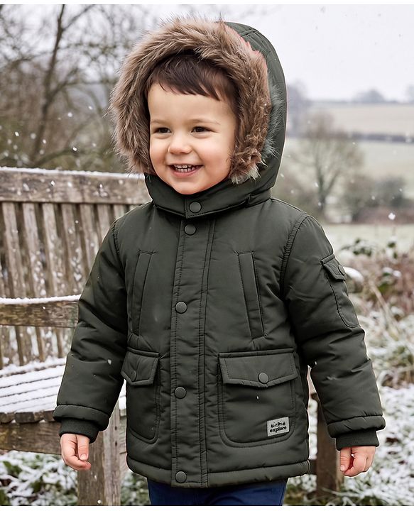 Babyhug Woven Full Sleeves Solid Hooded Padded Jacket With Detachable Hood - Dark Green