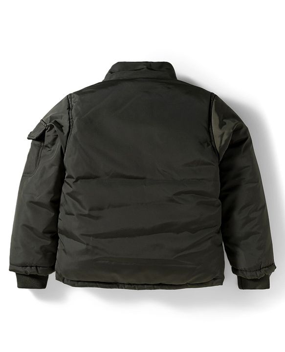 Babyhug Woven Full Sleeves Solid Hooded Padded Jacket With Detachable Hood - Dark Green