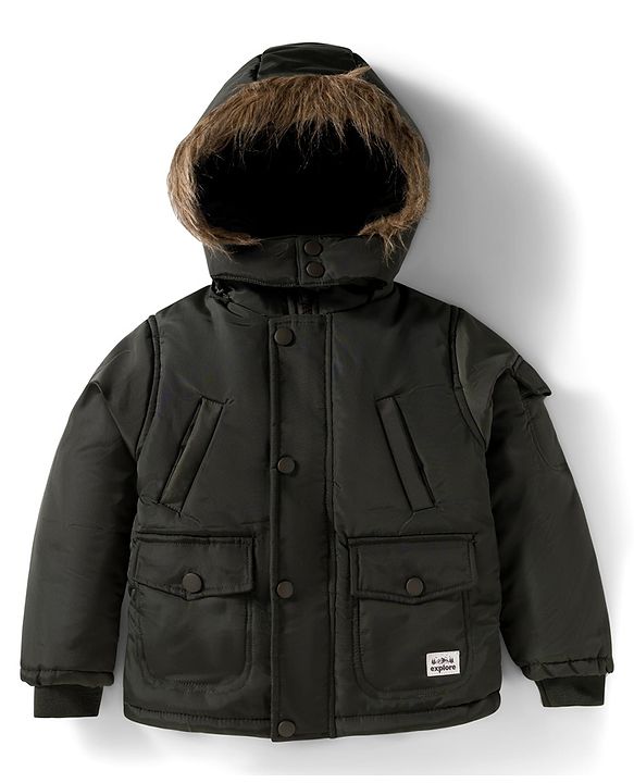 Babyhug Woven Full Sleeves Solid Hooded Padded Jacket With Detachable Hood - Dark Green