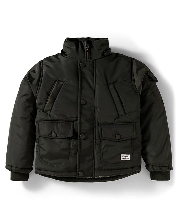 Babyhug Woven Full Sleeves Solid Hooded Padded Jacket With Detachable Hood - Dark Green