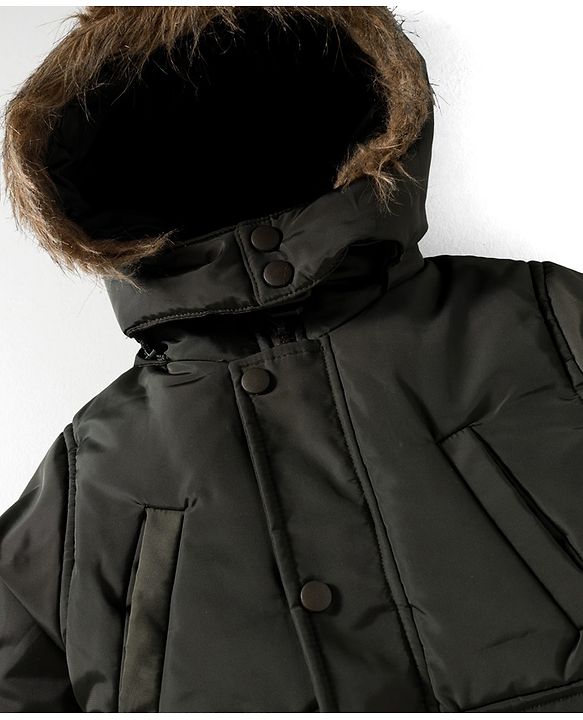Babyhug Woven Full Sleeves Solid Hooded Padded Jacket With Detachable Hood - Dark Green