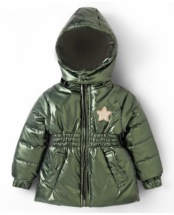 Babyhug Woven Full Sleeves Padded Hooded Jacket with Sequin Star Design - Olive Green
