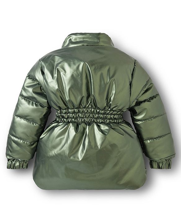 Babyhug Woven Full Sleeves Padded Hooded Jacket with Sequin Star Design - Olive Green