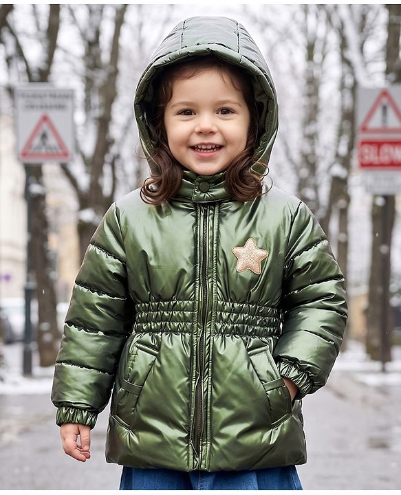 Babyhug Woven Full Sleeves Padded Hooded Jacket with Sequin Star Design - Olive Green