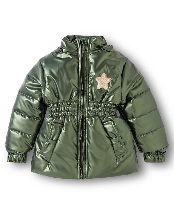 Babyhug Woven Full Sleeves Padded Hooded Jacket with Sequin Star Design - Olive Green