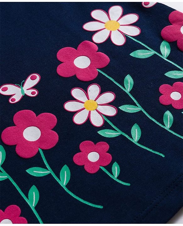 Babyhug Single Jersey Knit Sleeveless Frock With Floral Print & Bow Applique - Navy Blue