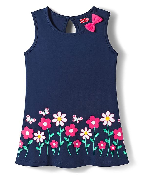 Babyhug Single Jersey Knit Sleeveless Frock With Floral Print & Bow Applique - Navy Blue