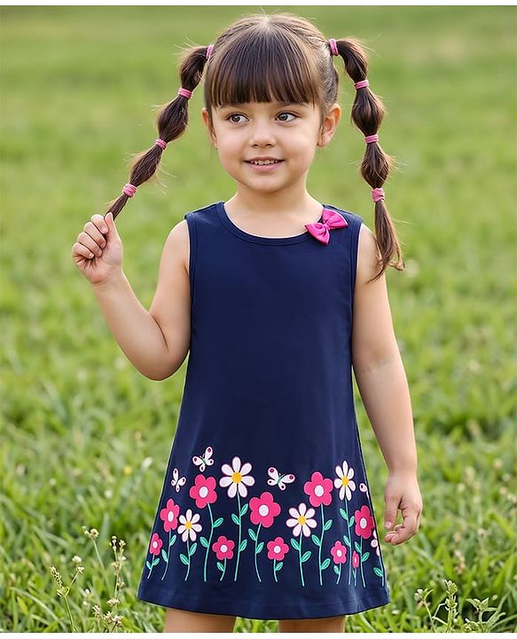 Babyhug Single Jersey Knit Sleeveless Frock With Floral Print & Bow Applique - Navy Blue