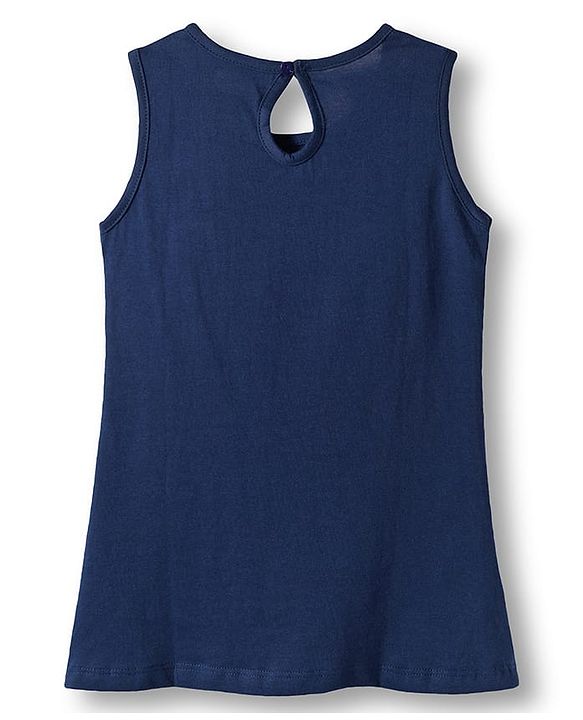 Babyhug Single Jersey Knit Sleeveless Frock With Floral Print & Bow Applique - Navy Blue
