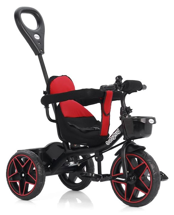 Babyhug Plug & Play Tricycle with Parental Push Handle & Cushion Seat  Red| High Backrest| Non-slip Pedals| Removable Safety Bar| Foldable Footrest| Puncture Proof Wheels