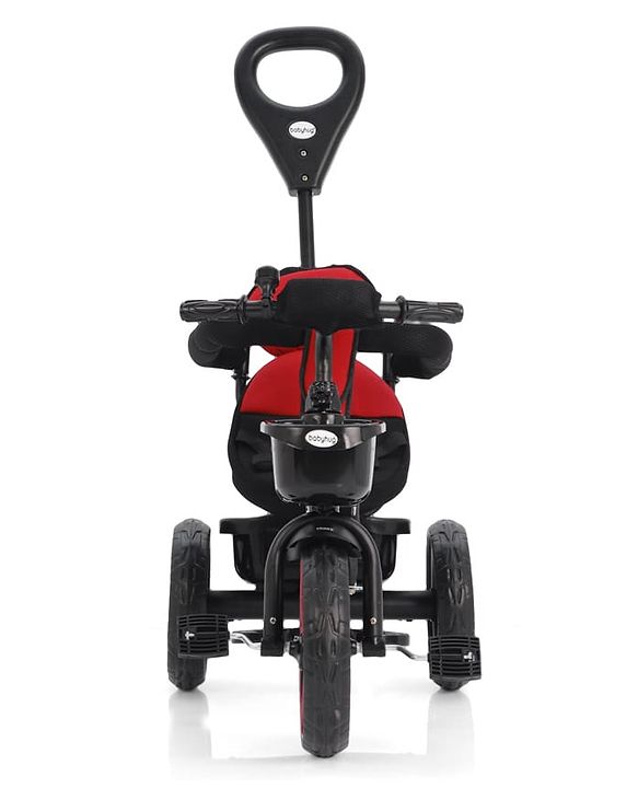 Babyhug Plug & Play Tricycle with Parental Push Handle & Cushion Seat  Red| High Backrest| Non-slip Pedals| Removable Safety Bar| Foldable Footrest| Puncture Proof Wheels