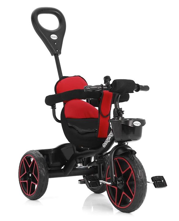 Babyhug Plug & Play Tricycle with Parental Push Handle & Cushion Seat  Red| High Backrest| Non-slip Pedals| Removable Safety Bar| Foldable Footrest| Puncture Proof Wheels