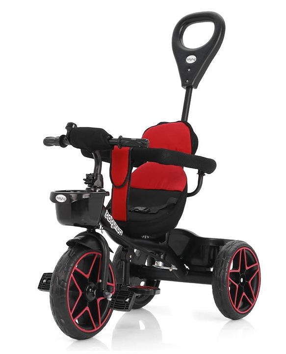 Babyhug Plug & Play Tricycle with Parental Push Handle & Cushion Seat  Red| High Backrest| Non-slip Pedals| Removable Safety Bar| Foldable Footrest| Puncture Proof Wheels
