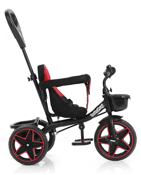 Babyhug Plug & Play Tricycle with Parental Push Handle & Cushion Seat  Red| High Backrest| Non-slip Pedals| Removable Safety Bar| Foldable Footrest| Puncture Proof Wheels