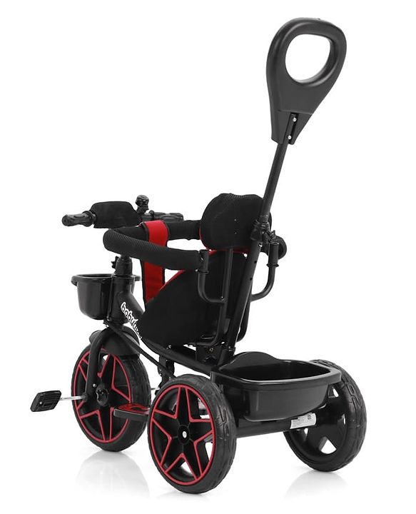Babyhug Plug & Play Tricycle with Parental Push Handle & Cushion Seat  Red| High Backrest| Non-slip Pedals| Removable Safety Bar| Foldable Footrest| Puncture Proof Wheels
