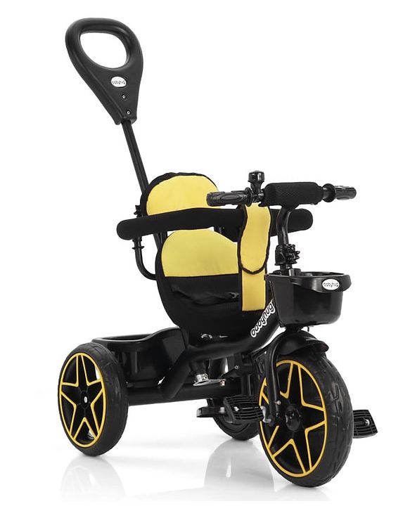 Babyhug Toddler Tricycle with Parental Push Handle, Cushioned Seat, Removable Safety Bar & Foldable Footrest  Plug & Play, Durable EVA Wheels  Yellow