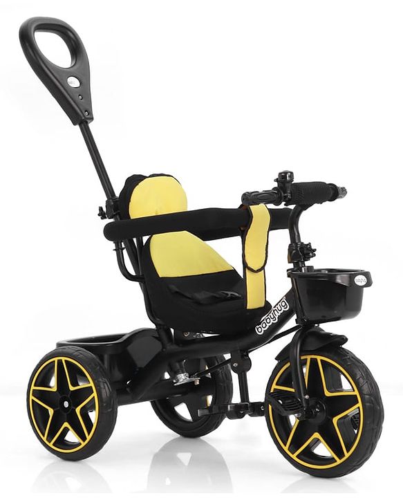 Babyhug Toddler Tricycle with Parental Push Handle, Cushioned Seat, Removable Safety Bar & Foldable Footrest  Plug & Play, Durable EVA Wheels  Yellow