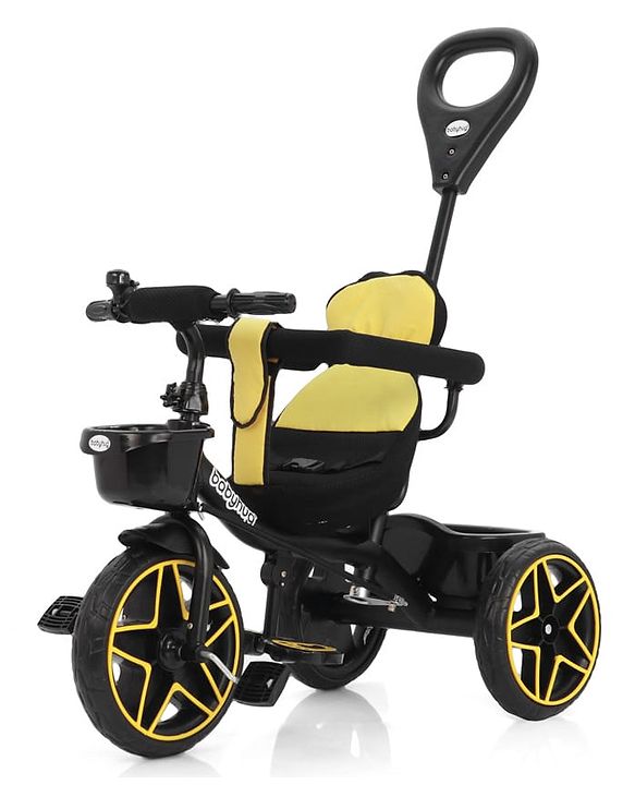 Babyhug Toddler Tricycle with Parental Push Handle, Cushioned Seat, Removable Safety Bar & Foldable Footrest  Plug & Play, Durable EVA Wheels  Yellow
